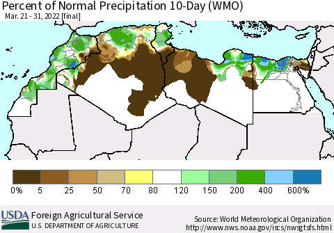North Africa Percent of Normal Precipitation 10-Day (WMO) Thematic Map For 3/21/2022 - 3/31/2022