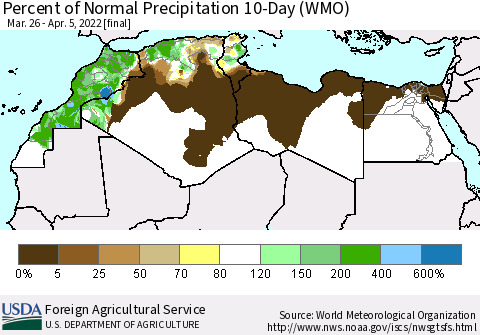 North Africa Percent of Normal Precipitation 10-Day (WMO) Thematic Map For 3/26/2022 - 4/5/2022