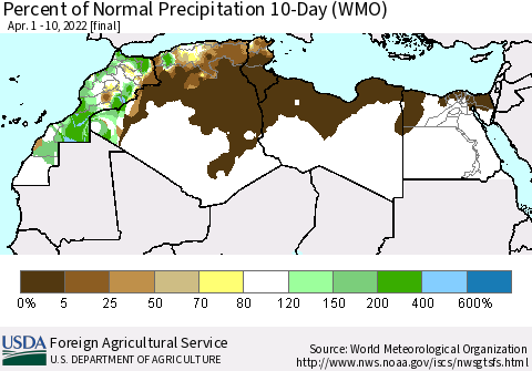 North Africa Percent of Normal Precipitation 10-Day (WMO) Thematic Map For 4/1/2022 - 4/10/2022