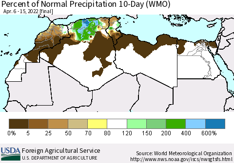 North Africa Percent of Normal Precipitation 10-Day (WMO) Thematic Map For 4/6/2022 - 4/15/2022