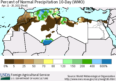 North Africa Percent of Normal Precipitation 10-Day (WMO) Thematic Map For 4/11/2022 - 4/20/2022