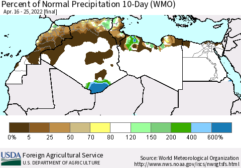 North Africa Percent of Normal Precipitation 10-Day (WMO) Thematic Map For 4/16/2022 - 4/25/2022