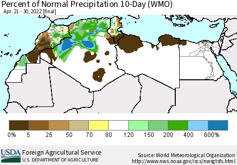North Africa Percent of Normal Precipitation 10-Day (WMO) Thematic Map For 4/21/2022 - 4/30/2022