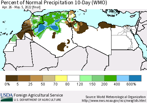 North Africa Percent of Normal Precipitation 10-Day (WMO) Thematic Map For 4/26/2022 - 5/5/2022