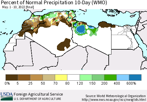 North Africa Percent of Normal Precipitation 10-Day (WMO) Thematic Map For 5/1/2022 - 5/10/2022