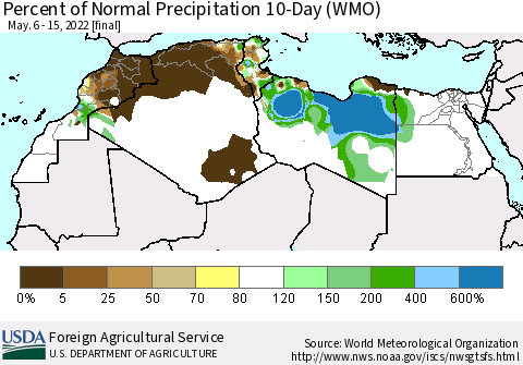 North Africa Percent of Normal Precipitation 10-Day (WMO) Thematic Map For 5/6/2022 - 5/15/2022