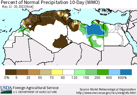 North Africa Percent of Normal Precipitation 10-Day (WMO) Thematic Map For 5/11/2022 - 5/20/2022