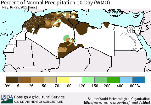 North Africa Percent of Normal Precipitation 10-Day (WMO) Thematic Map For 5/16/2022 - 5/25/2022