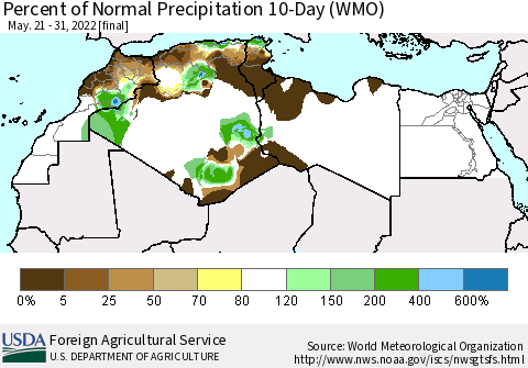 North Africa Percent of Normal Precipitation 10-Day (WMO) Thematic Map For 5/21/2022 - 5/31/2022