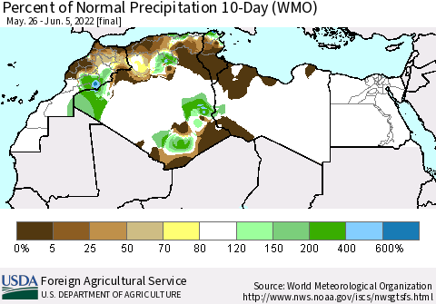 North Africa Percent of Normal Precipitation 10-Day (WMO) Thematic Map For 5/26/2022 - 6/5/2022