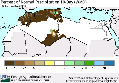 North Africa Percent of Normal Precipitation 10-Day (WMO) Thematic Map For 6/1/2022 - 6/10/2022