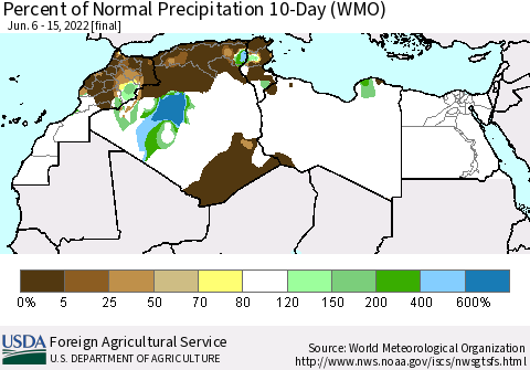 North Africa Percent of Normal Precipitation 10-Day (WMO) Thematic Map For 6/6/2022 - 6/15/2022