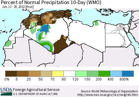 North Africa Percent of Normal Precipitation 10-Day (WMO) Thematic Map For 6/11/2022 - 6/20/2022