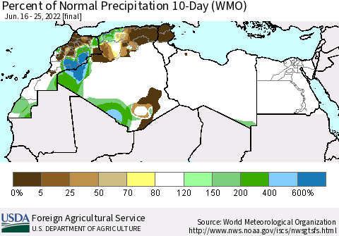 North Africa Percent of Normal Precipitation 10-Day (WMO) Thematic Map For 6/16/2022 - 6/25/2022