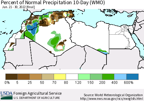 North Africa Percent of Normal Precipitation 10-Day (WMO) Thematic Map For 6/21/2022 - 6/30/2022