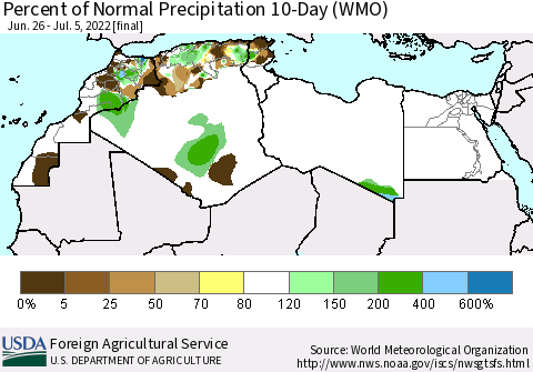 North Africa Percent of Normal Precipitation 10-Day (WMO) Thematic Map For 6/26/2022 - 7/5/2022