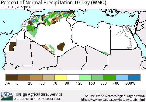 North Africa Percent of Normal Precipitation 10-Day (WMO) Thematic Map For 7/1/2022 - 7/10/2022