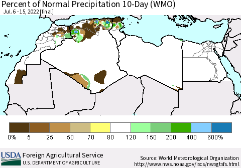 North Africa Percent of Normal Precipitation 10-Day (WMO) Thematic Map For 7/6/2022 - 7/15/2022