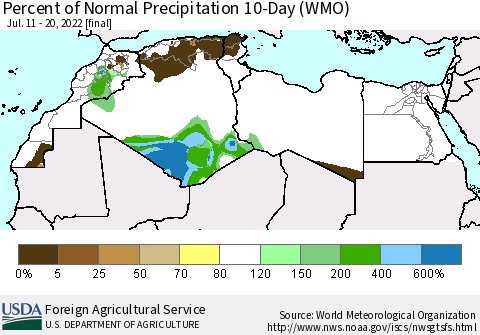 North Africa Percent of Normal Precipitation 10-Day (WMO) Thematic Map For 7/11/2022 - 7/20/2022
