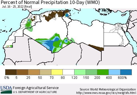 North Africa Percent of Normal Precipitation 10-Day (WMO) Thematic Map For 7/16/2022 - 7/25/2022