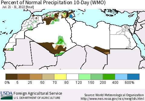 North Africa Percent of Normal Precipitation 10-Day (WMO) Thematic Map For 7/21/2022 - 7/31/2022