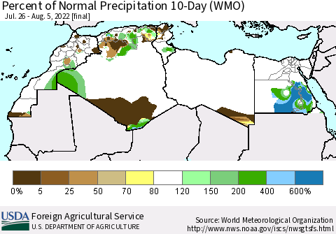 North Africa Percent of Normal Precipitation 10-Day (WMO) Thematic Map For 7/26/2022 - 8/5/2022