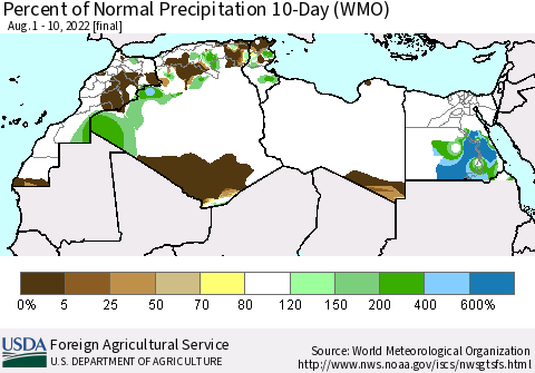 North Africa Percent of Normal Precipitation 10-Day (WMO) Thematic Map For 8/1/2022 - 8/10/2022