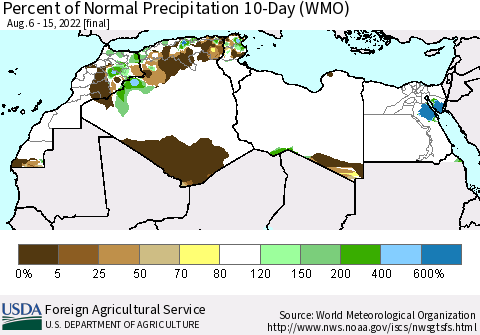 North Africa Percent of Normal Precipitation 10-Day (WMO) Thematic Map For 8/6/2022 - 8/15/2022