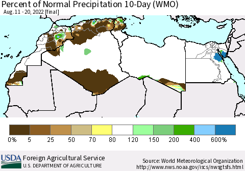 North Africa Percent of Normal Precipitation 10-Day (WMO) Thematic Map For 8/11/2022 - 8/20/2022