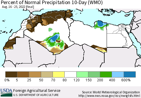 North Africa Percent of Normal Precipitation 10-Day (WMO) Thematic Map For 8/16/2022 - 8/25/2022