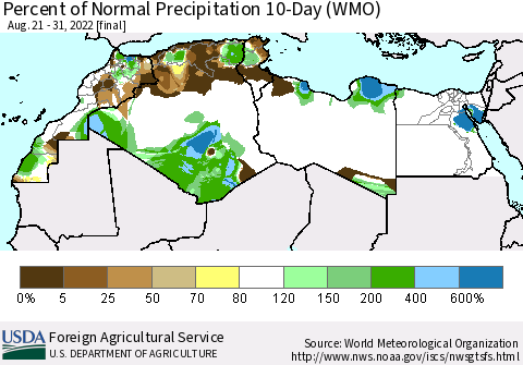 North Africa Percent of Normal Precipitation 10-Day (WMO) Thematic Map For 8/21/2022 - 8/31/2022
