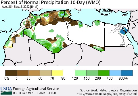 North Africa Percent of Normal Precipitation 10-Day (WMO) Thematic Map For 8/26/2022 - 9/5/2022