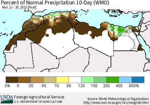 North Africa Percent of Normal Precipitation 10-Day (WMO) Thematic Map For 11/11/2022 - 11/20/2022