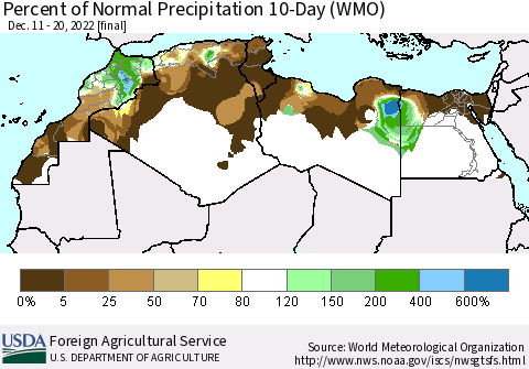 North Africa Percent of Normal Precipitation 10-Day (WMO) Thematic Map For 12/11/2022 - 12/20/2022
