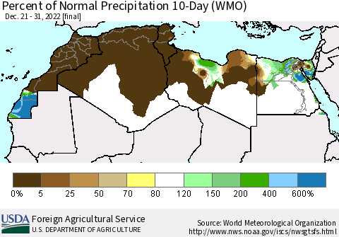 North Africa Percent of Normal Precipitation 10-Day (WMO) Thematic Map For 12/21/2022 - 12/31/2022