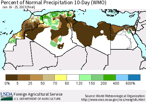 North Africa Percent of Normal Precipitation 10-Day (WMO) Thematic Map For 1/16/2023 - 1/25/2023