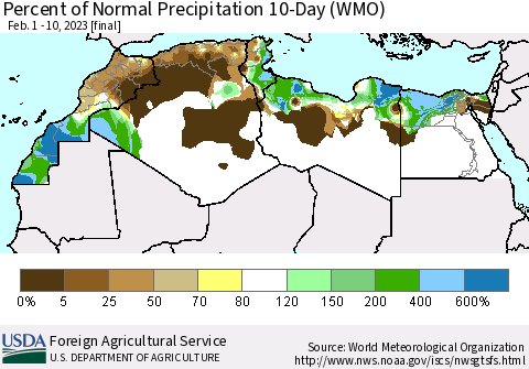 North Africa Percent of Normal Precipitation 10-Day (WMO) Thematic Map For 2/1/2023 - 2/10/2023
