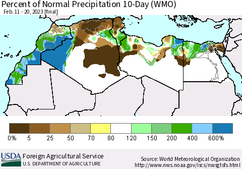 North Africa Percent of Normal Precipitation 10-Day (WMO) Thematic Map For 2/11/2023 - 2/20/2023