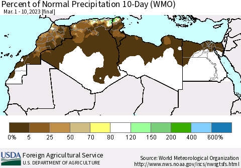 North Africa Percent of Normal Precipitation 10-Day (WMO) Thematic Map For 3/1/2023 - 3/10/2023