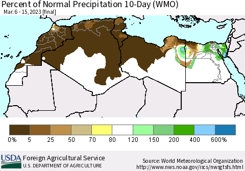 North Africa Percent of Normal Precipitation 10-Day (WMO) Thematic Map For 3/6/2023 - 3/15/2023