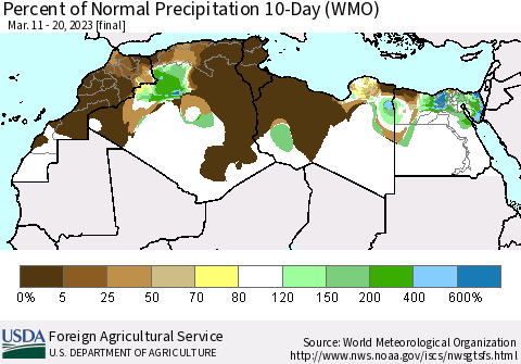 North Africa Percent of Normal Precipitation 10-Day (WMO) Thematic Map For 3/11/2023 - 3/20/2023