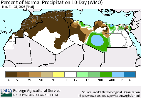 North Africa Percent of Normal Precipitation 10-Day (WMO) Thematic Map For 3/21/2023 - 3/31/2023
