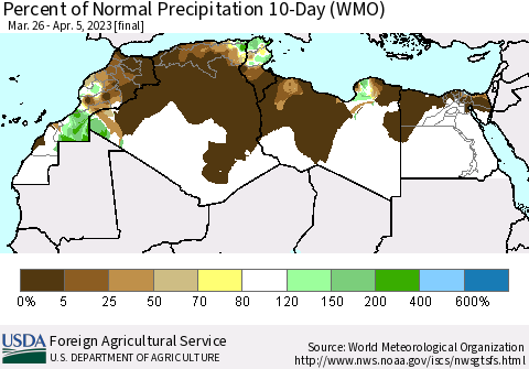 North Africa Percent of Normal Precipitation 10-Day (WMO) Thematic Map For 3/26/2023 - 4/5/2023