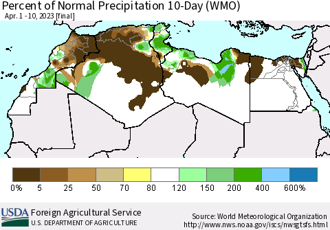 North Africa Percent of Normal Precipitation 10-Day (WMO) Thematic Map For 4/1/2023 - 4/10/2023