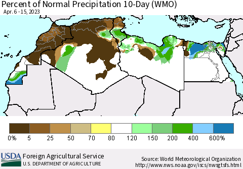 North Africa Percent of Normal Precipitation 10-Day (WMO) Thematic Map For 4/6/2023 - 4/15/2023
