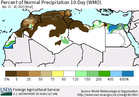 North Africa Percent of Normal Precipitation 10-Day (WMO) Thematic Map For 4/11/2023 - 4/20/2023