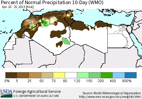 North Africa Percent of Normal Precipitation 10-Day (WMO) Thematic Map For 4/16/2023 - 4/25/2023