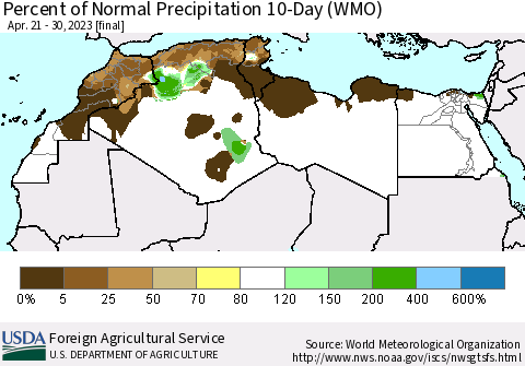 North Africa Percent of Normal Precipitation 10-Day (WMO) Thematic Map For 4/21/2023 - 4/30/2023