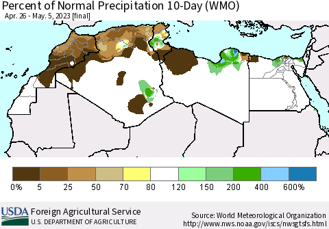 North Africa Percent of Normal Precipitation 10-Day (WMO) Thematic Map For 4/26/2023 - 5/5/2023