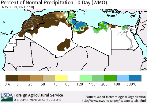 North Africa Percent of Normal Precipitation 10-Day (WMO) Thematic Map For 5/1/2023 - 5/10/2023